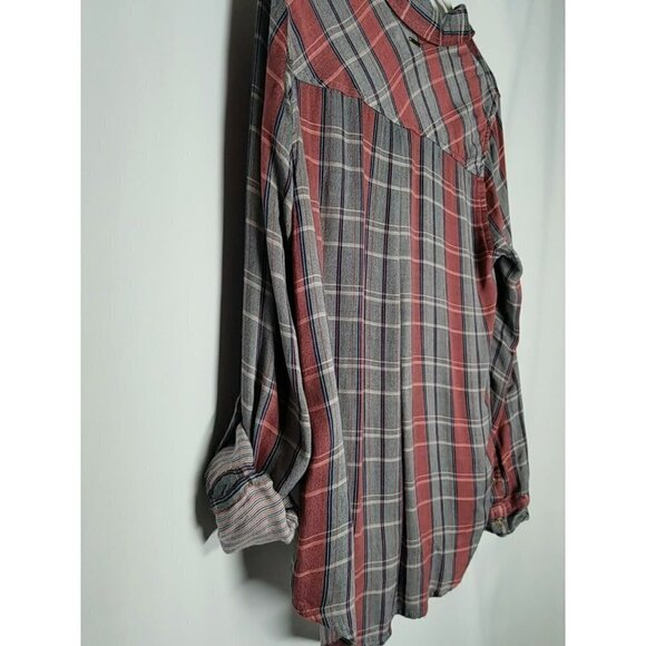 LUCKY BRAND Top Small Pink Blue Plaid 7W44249 Roll Tab Sleeve Shirt slouchy NWT‎ - Picture 11 of 15